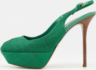 Sergio Rossi Green Canvas Platform Peep Toe Ankle Strap Sandals