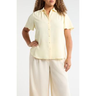 Anne Klein Shirred Short Sleeve Button-Up Shirt in Whisper Yellow at Nordstrom, Size 3 X
