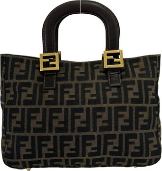 Fendi Black Brown Canvas Leather Handbag Tote Bag (Pre-Owned)