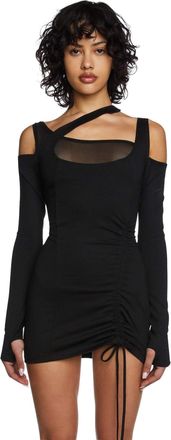 Dolls Kill Drop A Name Long Sleeve Mini Dress - Stretchy Jersey Dress with Mesh Bust Panel & Shoulder Cutouts, Black, S