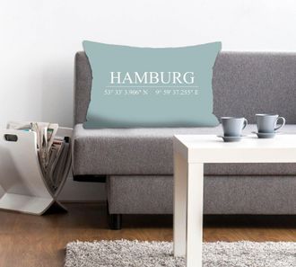 Queence Dekokissen »Hamburg« Kissenhülle,Hamburg Schriftzug,Koordinaten,Stadtmotiv,Urban,Maritim