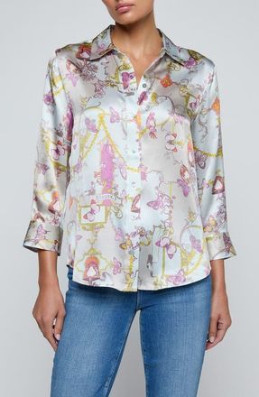 L'agence Dani Print Three-Quarter Sleeve Silk Button-Up Shirt in Multi Baroque Toile at Nordstrom, Size Xx-Large