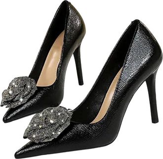 Generic Women Pointed Toe High Heel Pumps Elegant Party Thin Floral Crystal Party Dress Shoes Black