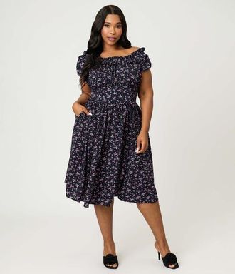 Unique Vintage Plus Size 1950s Off The Shoulder Ruffle Swing Dress in Black W/Purple Floral Print at Nordstrom, Size 1X