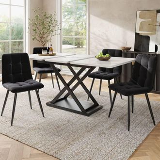Merax Marble Effect Extendable Dining Table Set with 4 Velvet Dining chairs in White