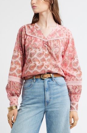 Treasure & Bond Lace Trim Button-Up Shirt in Pink- Olive Patchwork Paisley at Nordstrom, Size Xx-Small