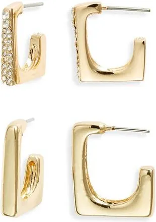 Open Edit Set of 2 Squared Hoop Earrings in Clear- Gold at Nordstrom Rack