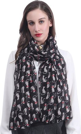Lina & Lily Cat Print Ladies Scarf Shawl Wrap Lightweight (Black)