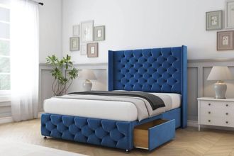 Sloomy Luthor Plush Divan Set 2 Drawers-54 Wingback-Footboard in Blue | Size: Small Double