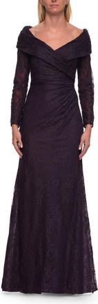 La Femme Lace Long Sleeve V-Neck Evening Gown in Eggplant at Nordstrom, Size 18