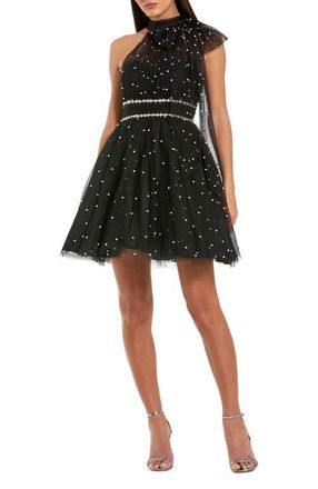 Mac Duggal Pearl Embellished Tulle Tie Neck A Line Mini Dress in Black Ivory at Nordstrom, Size 12