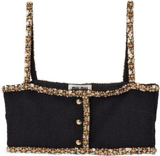 Miu Miu sequin-embellished tweed cropped top - women - Wool - 38 - Black