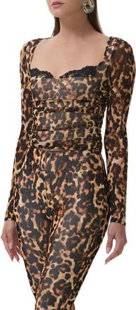 AFRM Marcello Peekaboo Lace Trim Mesh Top in Winter Animal at Nordstrom, Size X-Large