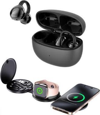 Pursonic Power & Sound Essentials Bundle - 5-in-1 Folding Wireless Charging Station + True Wireless Earbuds in Black at Nordstrom