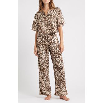 Open Edit Boxy Everyday Satin Pajamas in Tan Mixed Animal at Nordstrom Rack, Size X-Small