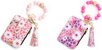 Generic Women Boho Keychain Wallet with Beaded Bracelet Small Card Holder (Light Pink)