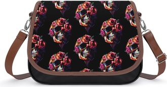 Generic Graphic Skull with Roses Leather Crossbody Bags for Women Messenger Handbag Purse Shoulder Bag