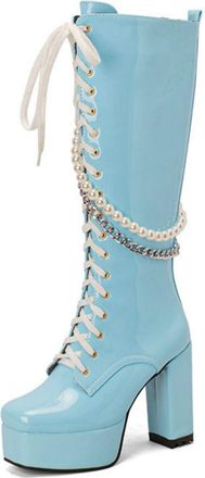 Generic Womens Patent Leather Lace-Up Front Biker Boots with Platform Chunky Heel & Pearls Chain Accents,Punk Gothic Style,Blue,7.5 UK