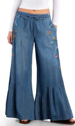 BILLY T Embroidered Butterfly Drawstring Wide Leg Jeans in Vintage Denim at Nordstrom, Size X-Large