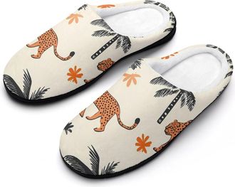 Generic Leopards And Palm Trees Mens Slippers Slip On Comfortable Fleece Cotton House Shoes Winter