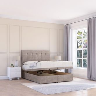 Sloomy Highbury Plush Fabric Ottoman Bed End Opening With Sprung Memory Mattress & 26 Inch strut Headboard in Stone | Size: Small Single