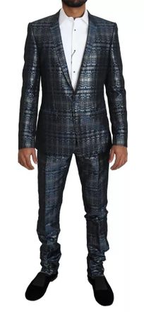 Dolce & Gabbana Blue Silver Shiny 2 Piece Slim GOLD Mens Suit