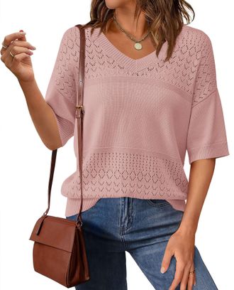 PrettyGarden Womens Short Sleeve Sweater Tops 2026 Spring Summer Casual V Neck Ribbed Knit Trendy Eyelet Blouse T Shirts, Pink, Small