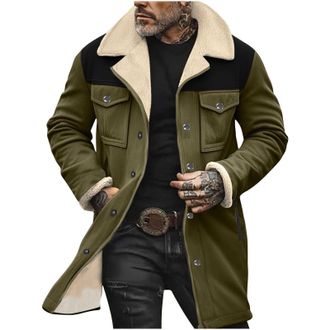 Generic Mens Suede Trench Coat Fuzzy Sherpa Lined Winter Warm Long Jackets Notched Lapel Collar Stylish Casual Coats Army Green
