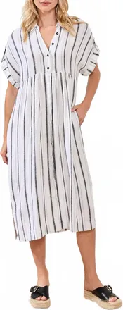 Tribal Soft Linen Button-Front Midi Dress In White Black