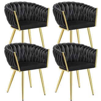 TecTake Dining Chair Astano - Padded, Velvet, Knot Design, Continuous Backrest in Black | Size: 4 Pack