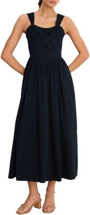 Nic+Zoe Eloise Floral Leaf Appliqu&eacute; Stretch Cotton Fit & Flare Midi Dress in Dark Indigo at Nordstrom, Size Xx-Large