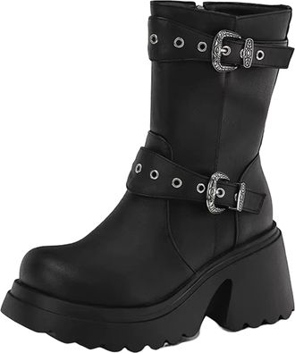 Generic Womens Stylish Mid Calf Boots Round Toe Super High Chunky Heel Platform With Side Zipper For A Modern Look