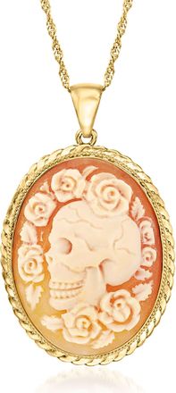 Ross-Simons Italian Orange Shell Floral Skull Cameo Pendant Necklace in 18kt Gold Over Sterling