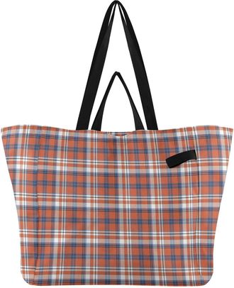 Generic Plaid Red Orange print Reusable Canvas Tote Bag, Heavy Duty Grocery Shopping Bag with Large Capacity Double Handles Hard Bottom Work Groceries Travel