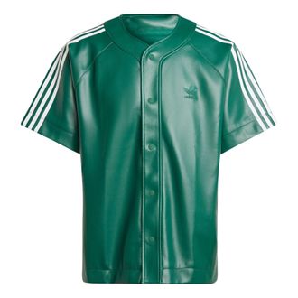 adidas Faux Leather Adicolor 3-Stripes Baseball Shirt Asia Sizing Collegiate Green IZ4047