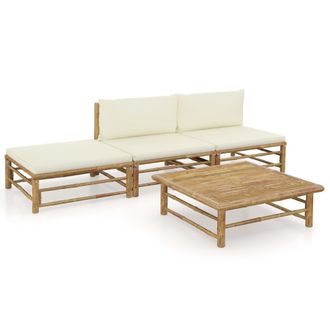vidaXL Set De Muebles De Jard&iacute;n 4 Piezas Bamb&uacute; Y Cojines Blanco Crema Vidaxl