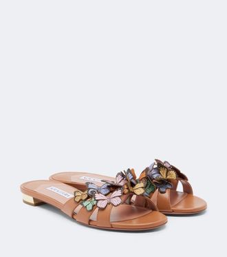 Aquazzura Papillon appliqu&eacute; leather slides