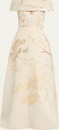 Teri Jon Off-Shoulder Metallic Floral Jacquard Gown