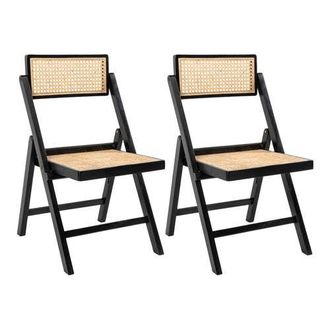Jonathan Y Designs Theo Mid-Century Vintage Wood Rattan Folding Chair with Adjustable Back in Black at Nordstrom