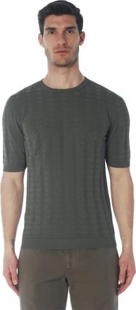 Irish Crone Maglia girocollo a maniche corte con lavorazione esagoni - Heren - Ronde hals truien - Groen - XL - Katoen - Truien & Vesten