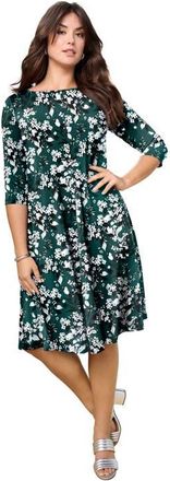 Roaman's Plus Size 3/4 Sleeve Boatneck Swing Dress in Emerald Black Garden at Nordstrom, Size 28