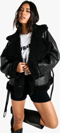 Boohoo Womens Luxe Teddy Trim Belted Aviator Jacket - Black - Size 14 UK