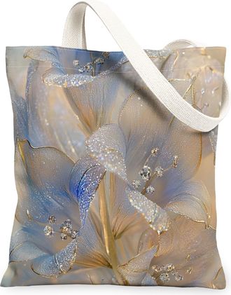 Generic Spring Bluebell Flower Canvas Tote Bag for Shopping 13x15, 3D Style Luxury Florals Reusable Grocery Print Bag for Women, Cool Modern Beach Aesthetic P