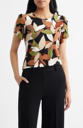 Anne Klein Foliage Print Tulip Sleeve Top in Cedar Spc Mlt at Nordstrom, Size Xx-Small
