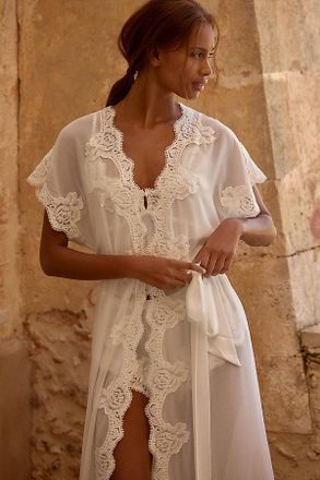 Homebodii Valentina Short-Sleeve Lace-Trim Chiffon Robe