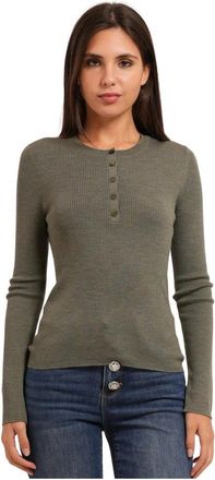 HUGO BOSS Feliconia Trui met Ribbels en Knopenkraag - Dames - Longsleeves - Groen - S - Wol - Tops