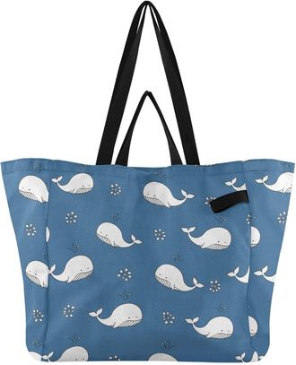 Generic Whales Blue print Reusable Canvas Tote Bag, Heavy Duty Grocery Shopping Bag with Large Capacity Double Handles Hard Bottom Work Groceries Travel