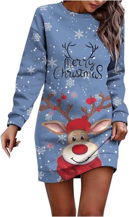 Generic Christmas Dresses for Women Oversized Christmas Dress Long Sleeve Jumper Crew Neck Xmas Graphic Print Sweatshirt Winter Casual Midi Dress Party Costum