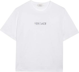 Versace Geborduurd katoenen T-shirt - Dames - T-shirts - Wit - M - Katoen - Tops