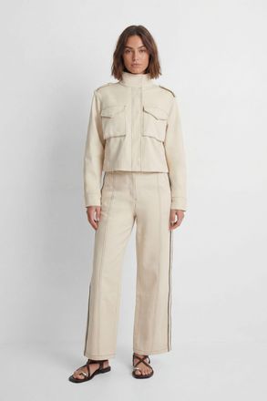 Karen Millen Womens Tailored Military Cotton Stripe Straight Leg Trouser - Beige - Size 14 UK